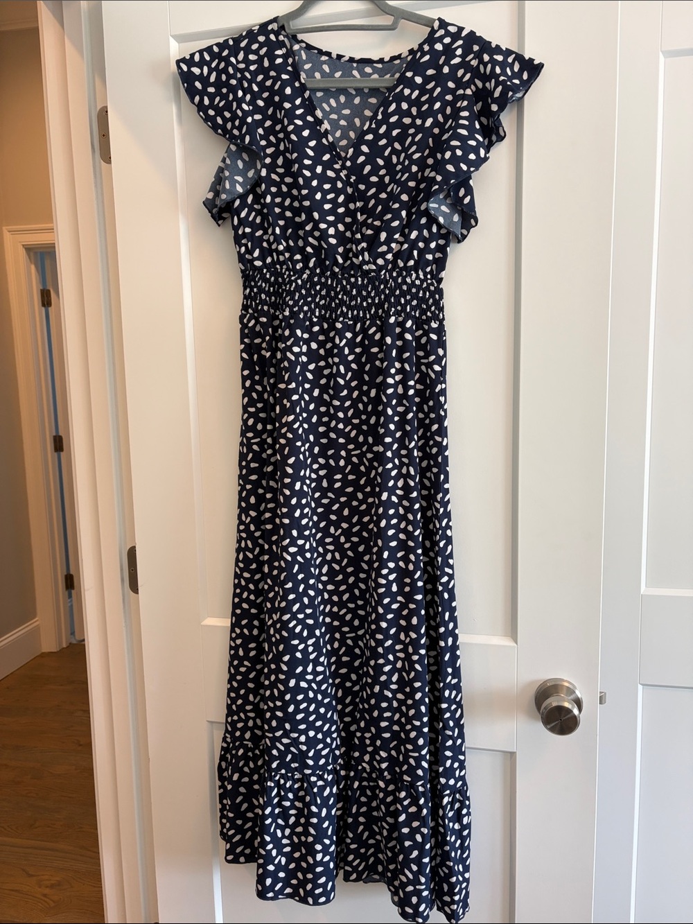Navy Blue & White Flutter Sleeve Maxi Dress